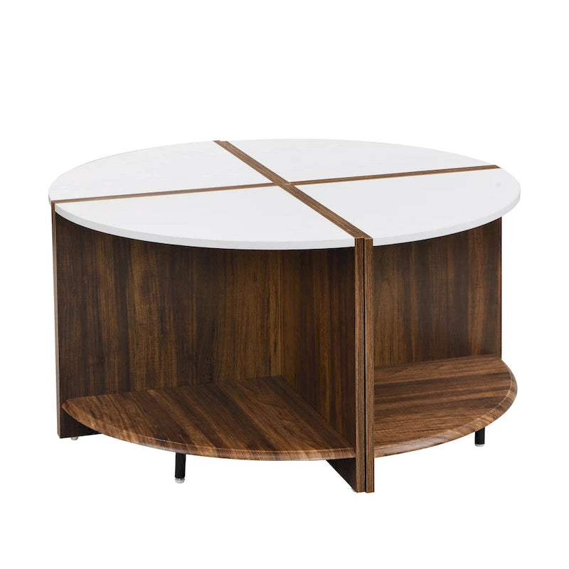 Table Basse Ronde Industrielle, Table Basse Double Couche avec Espace de Rangement, pour Salon et Jardin, Blanc