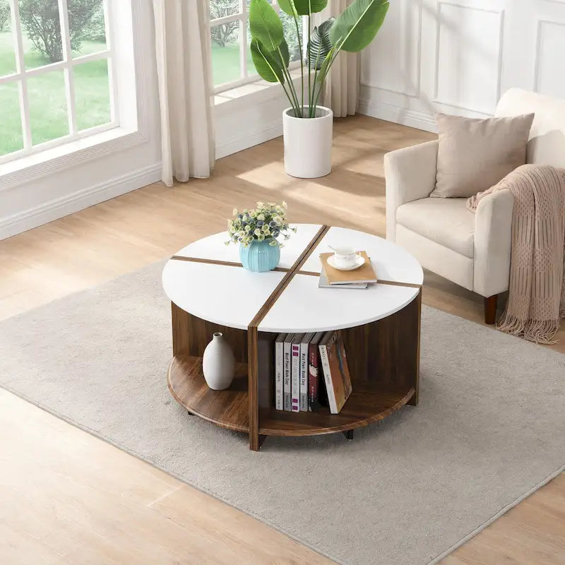 Table Basse Ronde Industrielle, Table Basse Double Couche avec Espace de Rangement, pour Salon et Jardin, Blanc
