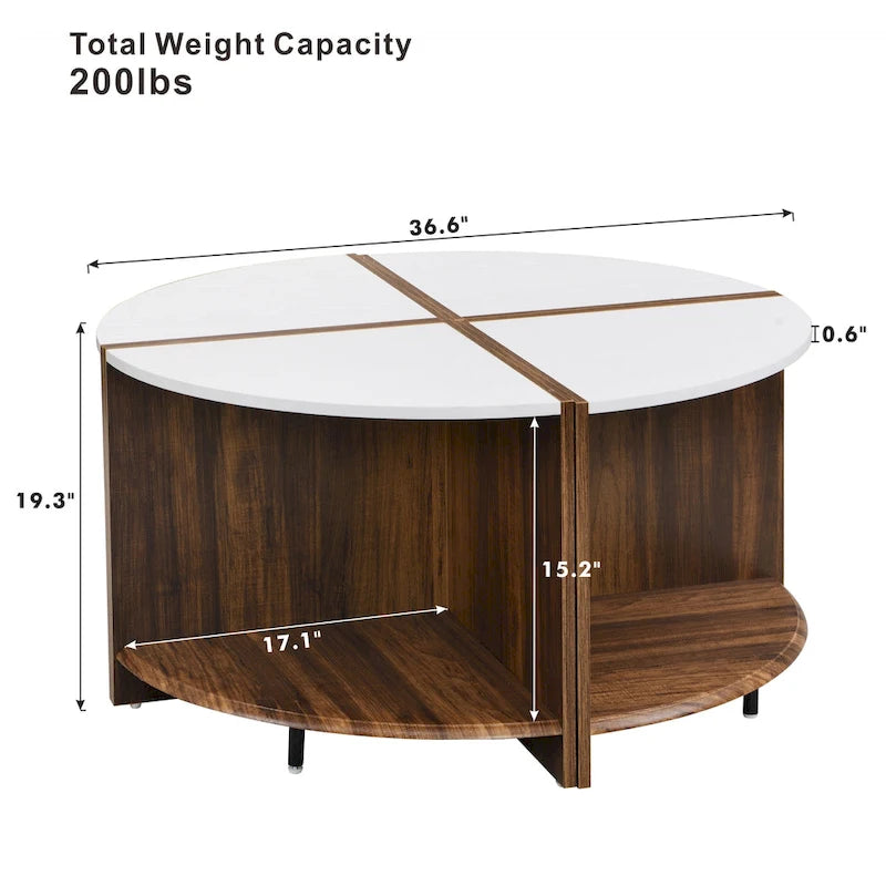 Table Basse Ronde Industrielle, Table Basse Double Couche avec Espace de Rangement, pour Salon et Jardin, Blanc