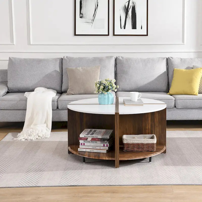 Table Basse Ronde Industrielle, Table Basse Double Couche avec Espace de Rangement, pour Salon et Jardin, Blanc