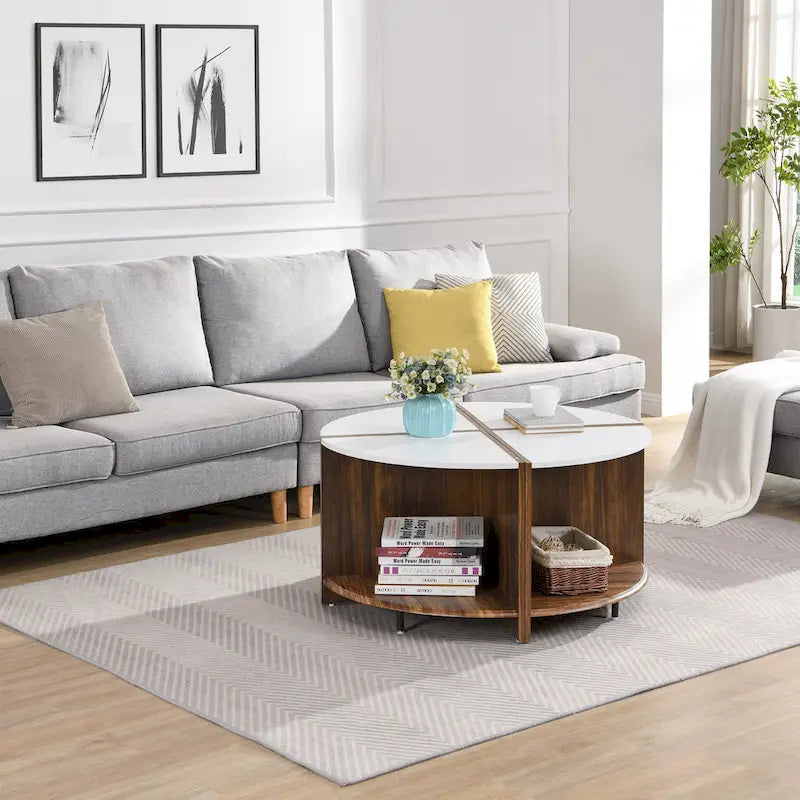 Table Basse Ronde Industrielle, Table Basse Double Couche avec Espace de Rangement, pour Salon et Jardin, Blanc