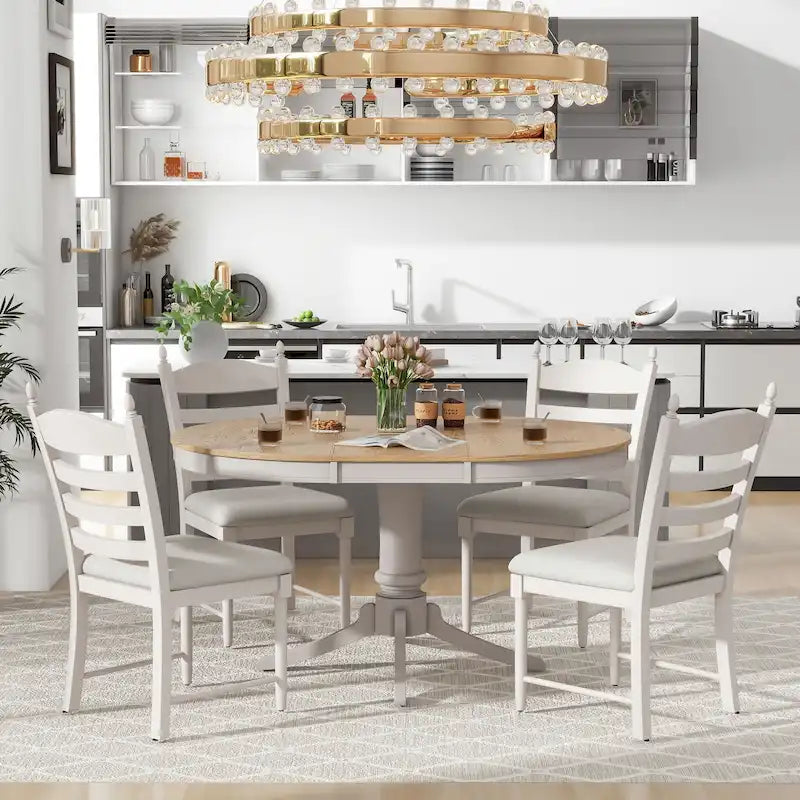 Ensemble de table à manger ronde 5 pièces, ensemble de table et chaises de cuisine en bois massif avec table extensible et 4 chaises rembourrées