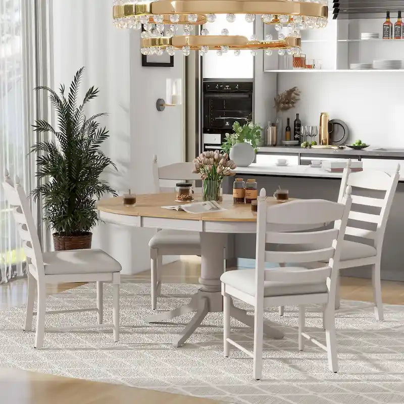 Ensemble de table à manger ronde 5 pièces, ensemble de table et chaises de cuisine en bois massif avec table extensible et 4 chaises rembourrées
