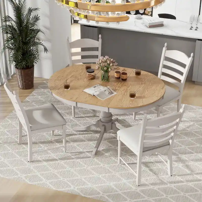 Ensemble de table à manger ronde 5 pièces, ensemble de table et chaises de cuisine en bois massif avec table extensible et 4 chaises rembourrées