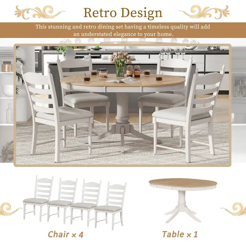 Ensemble de table à manger ronde 5 pièces, ensemble de table et chaises de cuisine en bois massif avec table extensible et 4 chaises rembourrées