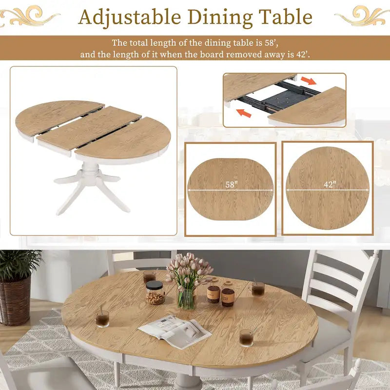 Ensemble de table à manger ronde 5 pièces, ensemble de table et chaises de cuisine en bois massif avec table extensible et 4 chaises rembourrées