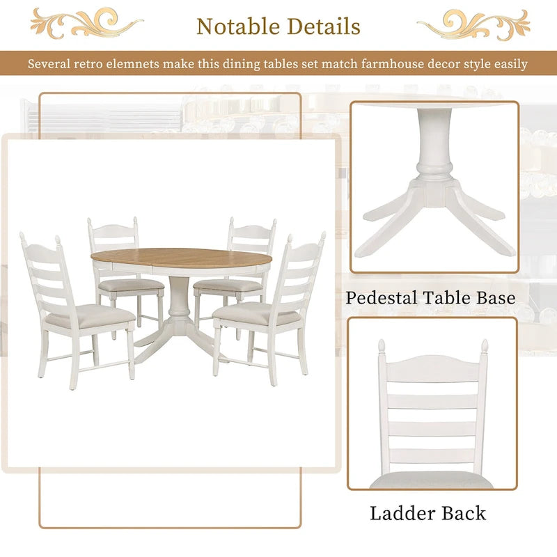 Ensemble de table à manger ronde 5 pièces, ensemble de table et chaises de cuisine en bois massif avec table extensible et 4 chaises rembourrées