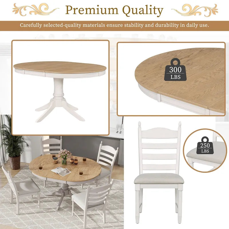 Ensemble de table à manger ronde 5 pièces, ensemble de table et chaises de cuisine en bois massif avec table extensible et 4 chaises rembourrées