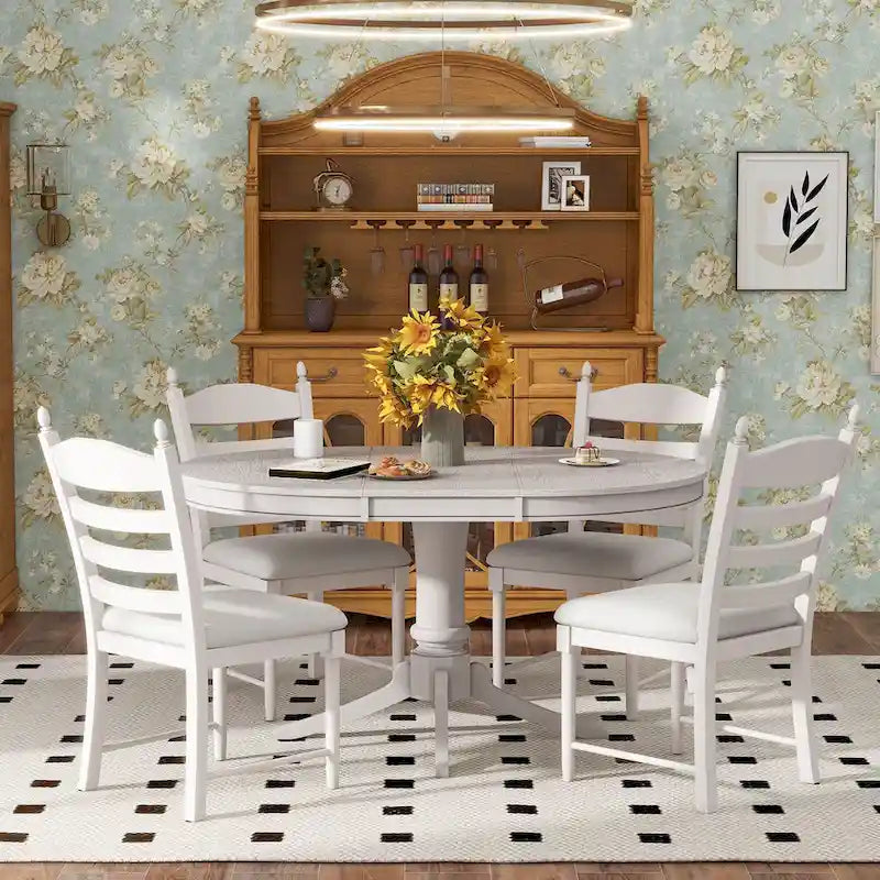 Ensemble de table à manger ronde 5 pièces, ensemble de table et chaises de cuisine en bois massif avec table extensible et 4 chaises rembourrées
