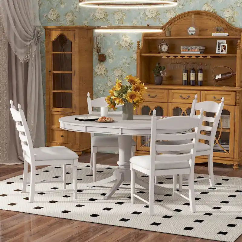 Ensemble de table à manger ronde 5 pièces, ensemble de table et chaises de cuisine en bois massif avec table extensible et 4 chaises rembourrées