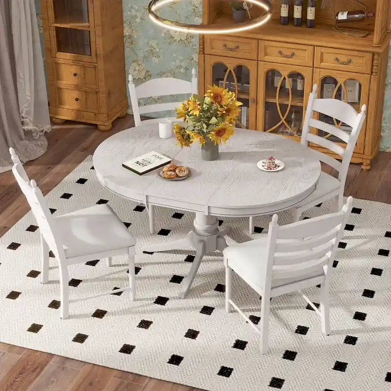 Ensemble de table à manger ronde 5 pièces, ensemble de table et chaises de cuisine en bois massif avec table extensible et 4 chaises rembourrées