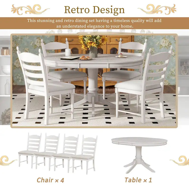 Ensemble de table à manger ronde 5 pièces, ensemble de table et chaises de cuisine en bois massif avec table extensible et 4 chaises rembourrées