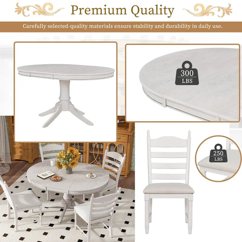 Ensemble de table à manger ronde 5 pièces, ensemble de table et chaises de cuisine en bois massif avec table extensible et 4 chaises rembourrées