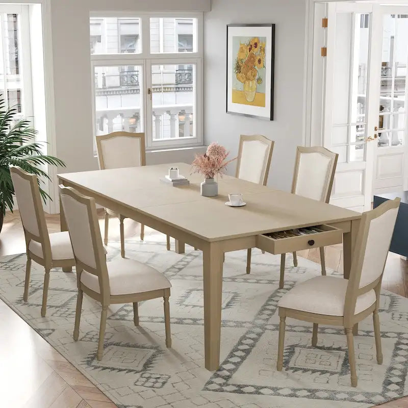 Ensemble table et chaises de salle à manger 7 pièces, table et chaises en bois massif avec table de salle à manger extensible, 2 tiroirs et 6 chaises rembourrées