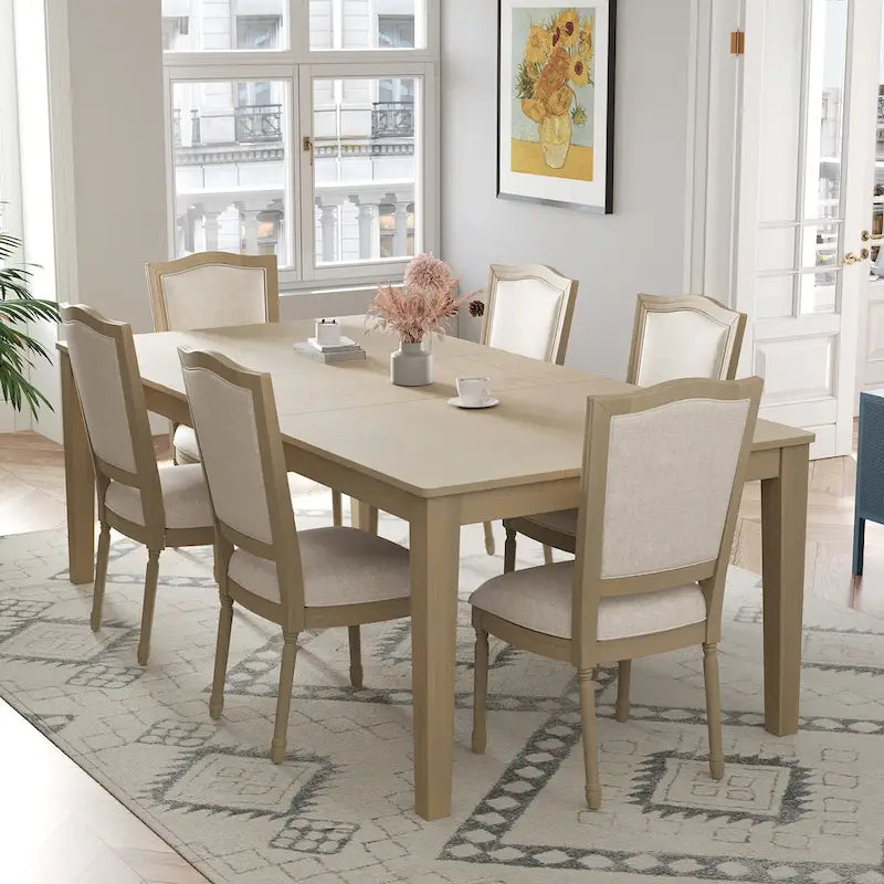 Ensemble table et chaises de salle à manger 7 pièces, table et chaises en bois massif avec table de salle à manger extensible, 2 tiroirs et 6 chaises rembourrées