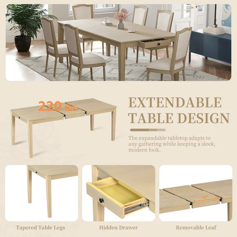 Ensemble table et chaises de salle à manger 7 pièces, table et chaises en bois massif avec table de salle à manger extensible, 2 tiroirs et 6 chaises rembourrées