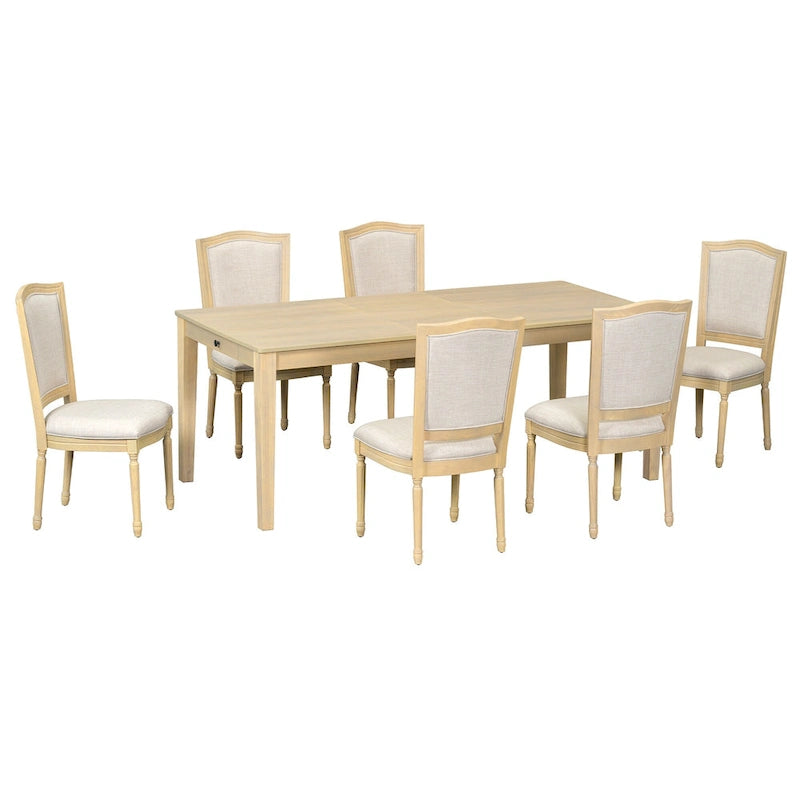 Ensemble table et chaises de salle à manger 7 pièces, table et chaises en bois massif avec table de salle à manger extensible, 2 tiroirs et 6 chaises rembourrées