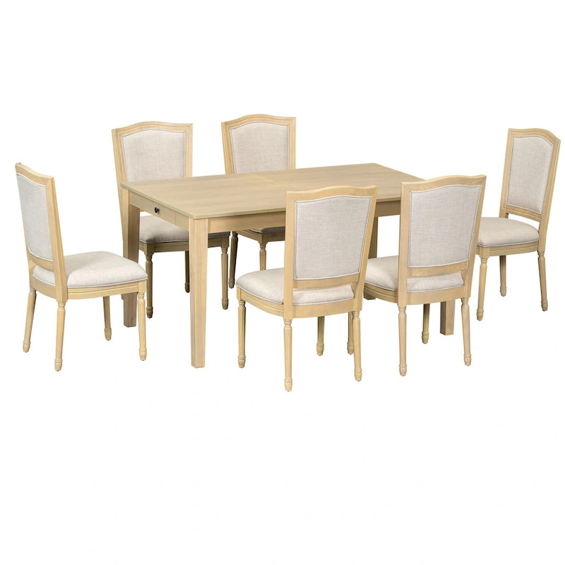 Ensemble table et chaises de salle à manger 7 pièces, table et chaises en bois massif avec table de salle à manger extensible, 2 tiroirs et 6 chaises rembourrées