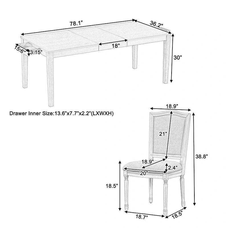 Ensemble table et chaises de salle à manger 7 pièces, table et chaises en bois massif avec table de salle à manger extensible, 2 tiroirs et 6 chaises rembourrées