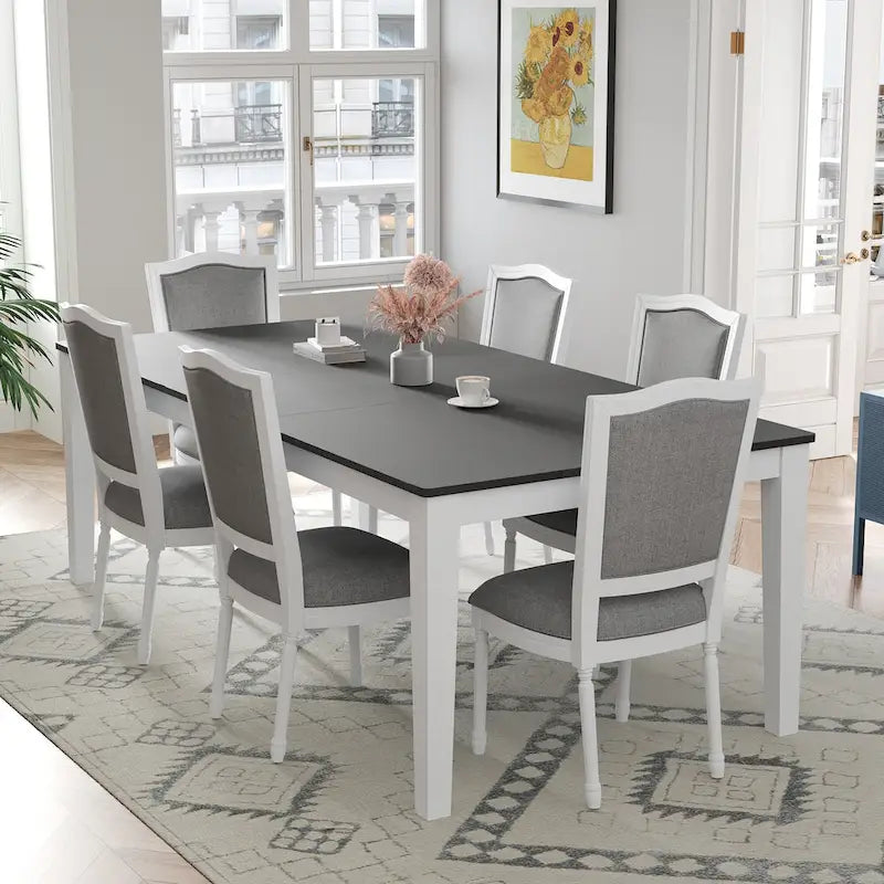 Ensemble table et chaises de salle à manger 7 pièces, table et chaises en bois massif avec table de salle à manger extensible, 2 tiroirs et 6 chaises rembourrées