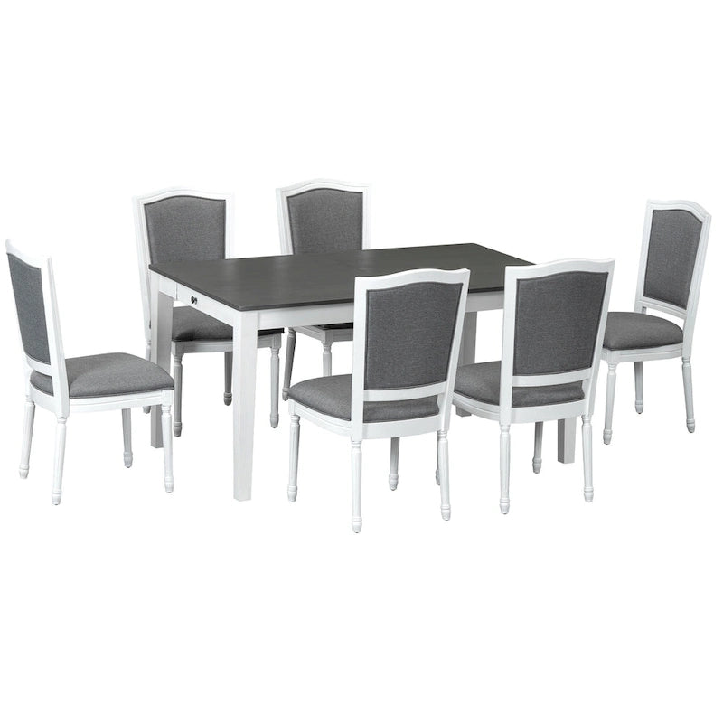 Ensemble table et chaises de salle à manger 7 pièces, table et chaises en bois massif avec table de salle à manger extensible, 2 tiroirs et 6 chaises rembourrées
