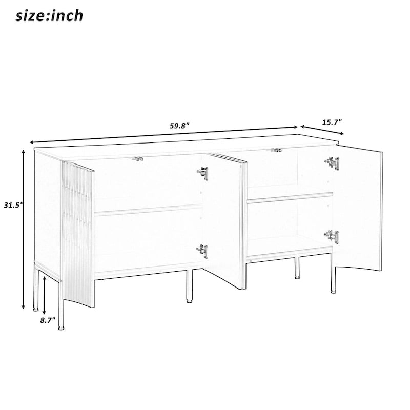 Buffet avec 4 portes inférieures incurvées, Bahut avec pieds en métal, Console avec étagère réglable