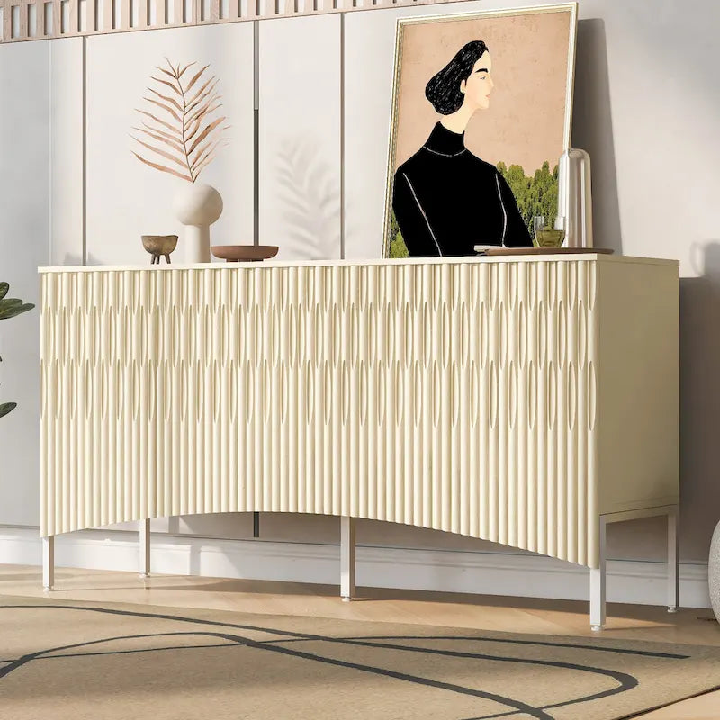 Buffet avec 4 portes inférieures incurvées, Bahut avec pieds en métal, Console avec étagère réglable