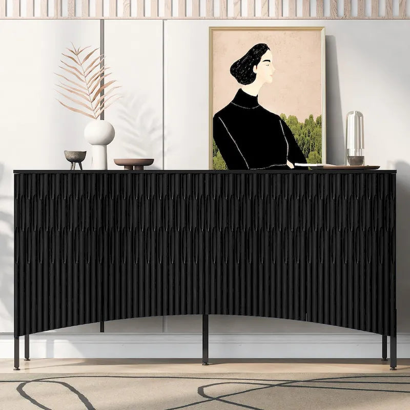 Buffet avec 4 portes inférieures incurvées, Bahut avec pieds en métal, Console avec étagère réglable