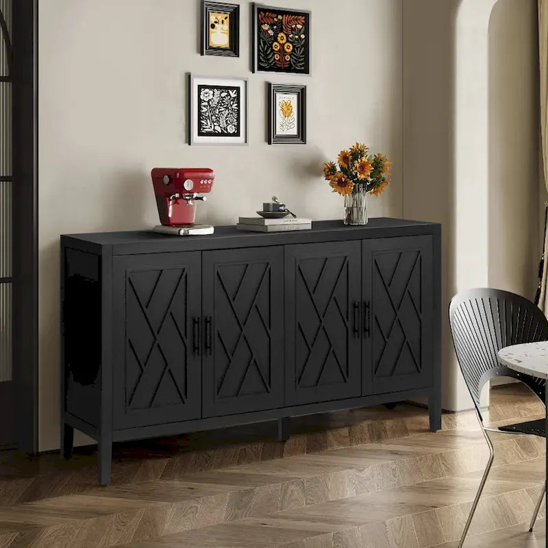 Buffet en bois avec portes à motifs, buffet de rangement avec étagères réglables, console avec pieds en bois massif