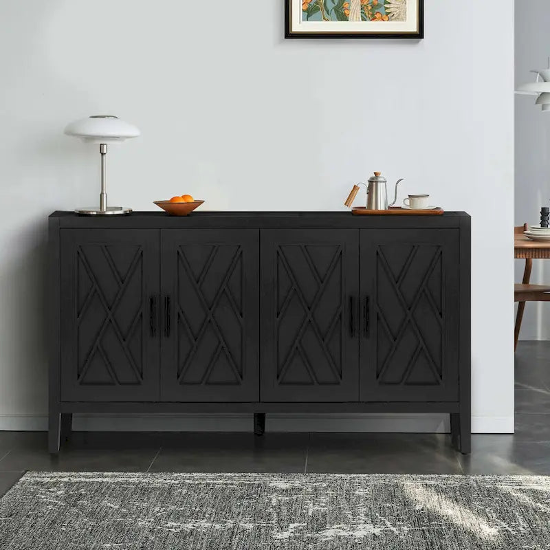 Buffet en bois avec portes à motifs, buffet de rangement avec étagères réglables, console avec pieds en bois massif