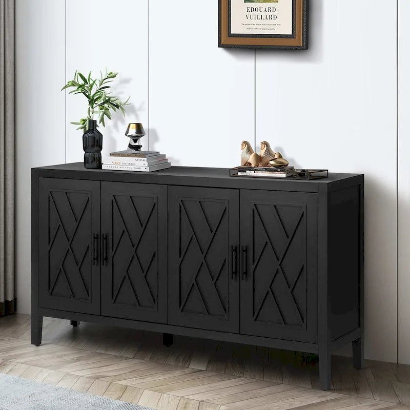 Buffet en bois avec portes à motifs, buffet de rangement avec étagères réglables, console avec pieds en bois massif