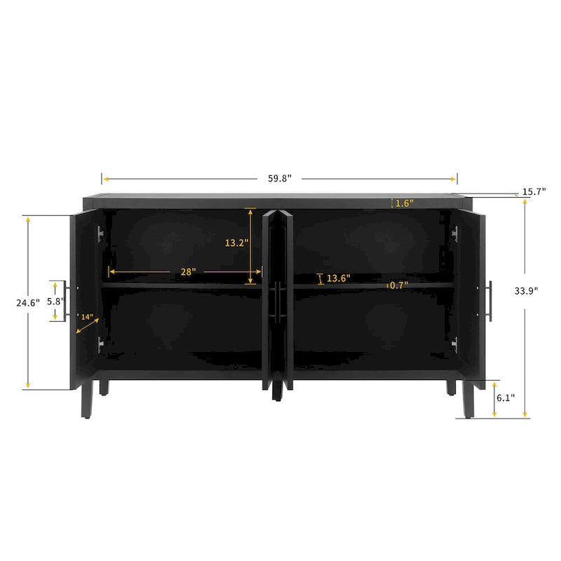 Buffet en bois avec portes à motifs, buffet de rangement avec étagères réglables, console avec pieds en bois massif
