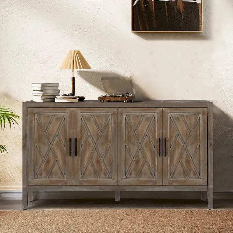 Buffet en bois avec portes à motifs, buffet de rangement avec étagères réglables, console avec pieds en bois massif