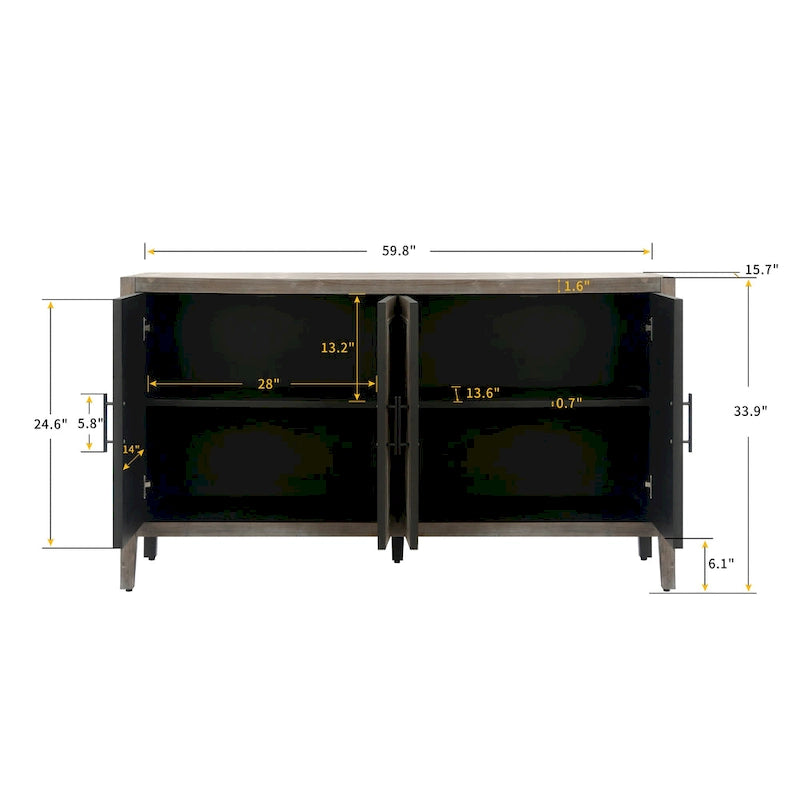 Buffet en bois avec portes à motifs, buffet de rangement avec étagères réglables, console avec pieds en bois massif