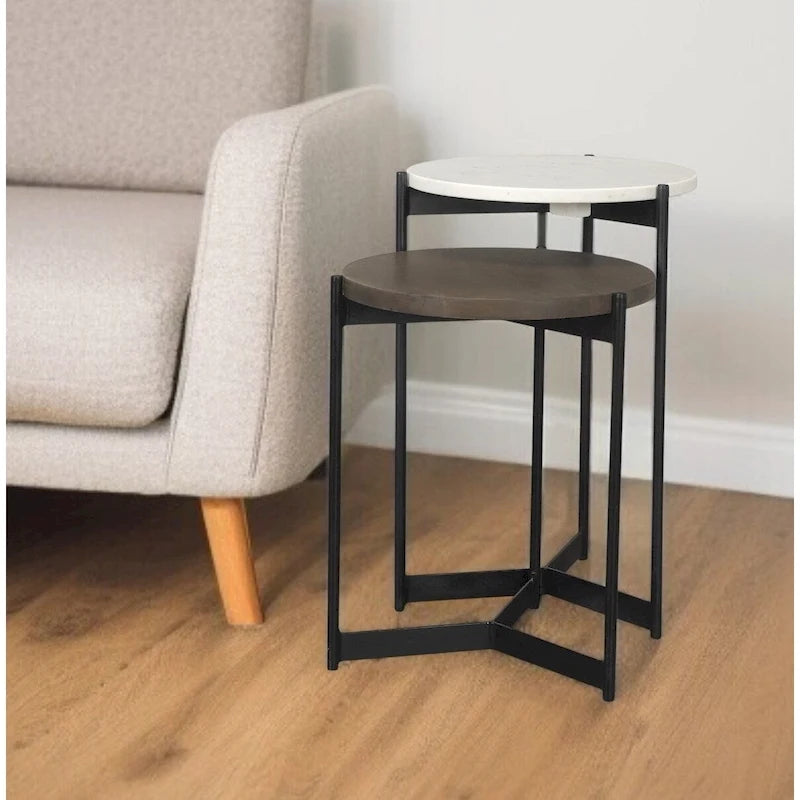 HomeRoots Lot de deux tables gigognes rondes en marbre brun, blanc et noir, bois massif et métal – 16' X '24' X '16