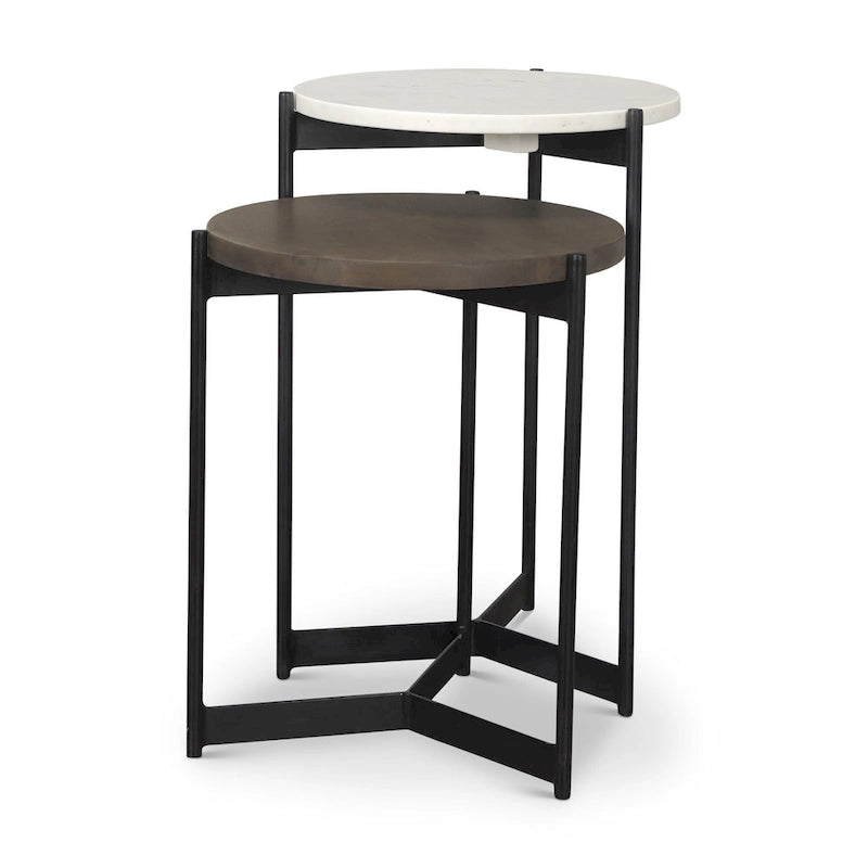 HomeRoots Lot de deux tables gigognes rondes en marbre brun, blanc et noir, bois massif et métal – 16' X '24' X '16