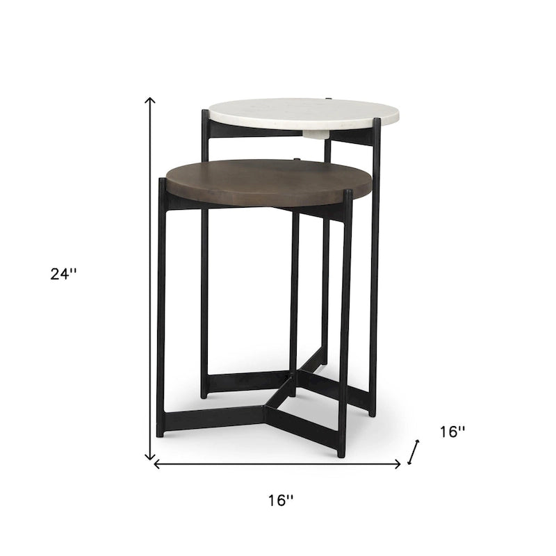 HomeRoots Lot de deux tables gigognes rondes en marbre brun, blanc et noir, bois massif et métal – 16' X '24' X '16