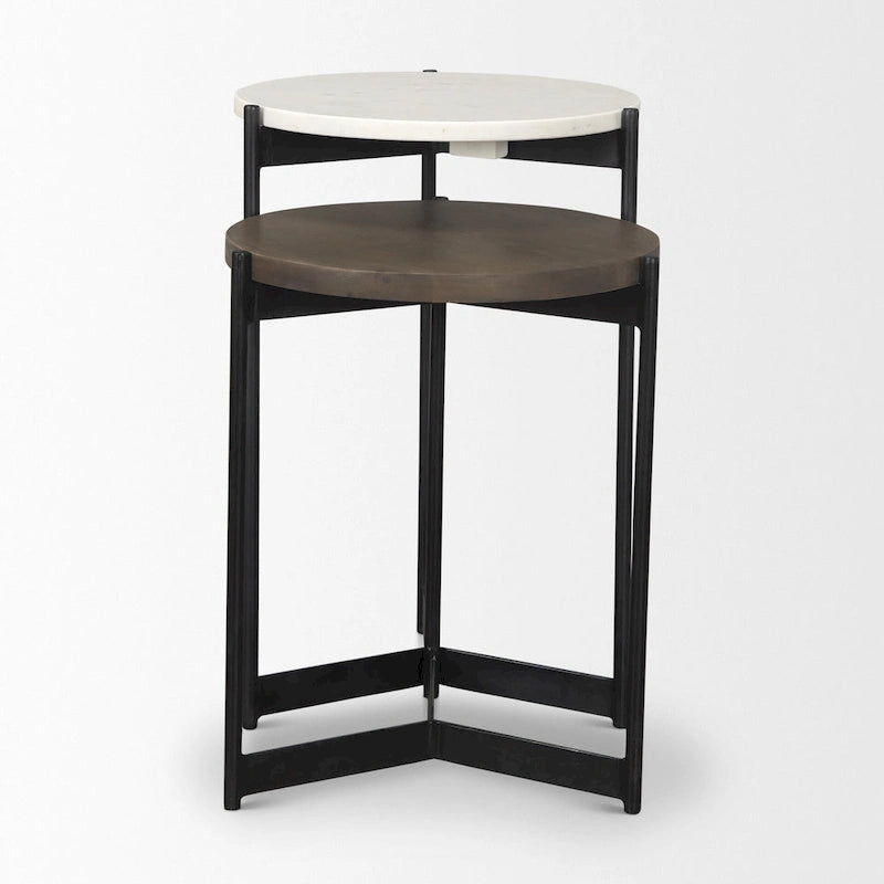 HomeRoots Lot de deux tables gigognes rondes en marbre brun, blanc et noir, bois massif et métal – 16' X '24' X '16