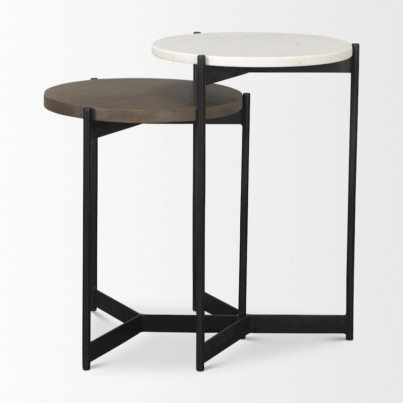HomeRoots Lot de deux tables gigognes rondes en marbre brun, blanc et noir, bois massif et métal – 16' X '24' X '16