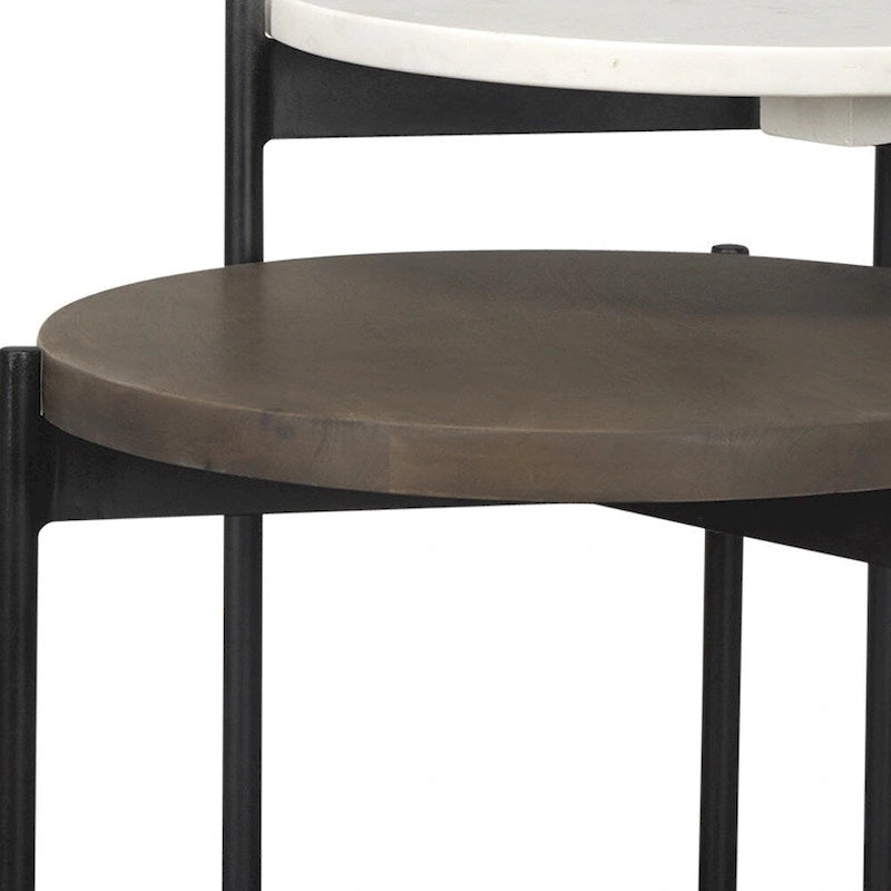 HomeRoots Lot de deux tables gigognes rondes en marbre brun, blanc et noir, bois massif et métal – 16' X '24' X '16