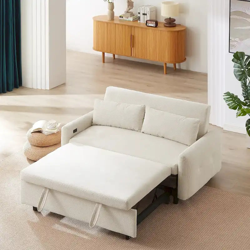 Canapé-lit convertible 2 places Roomfitters avec coussins décoratifs et ports USB, canapé-lit moderne, beige