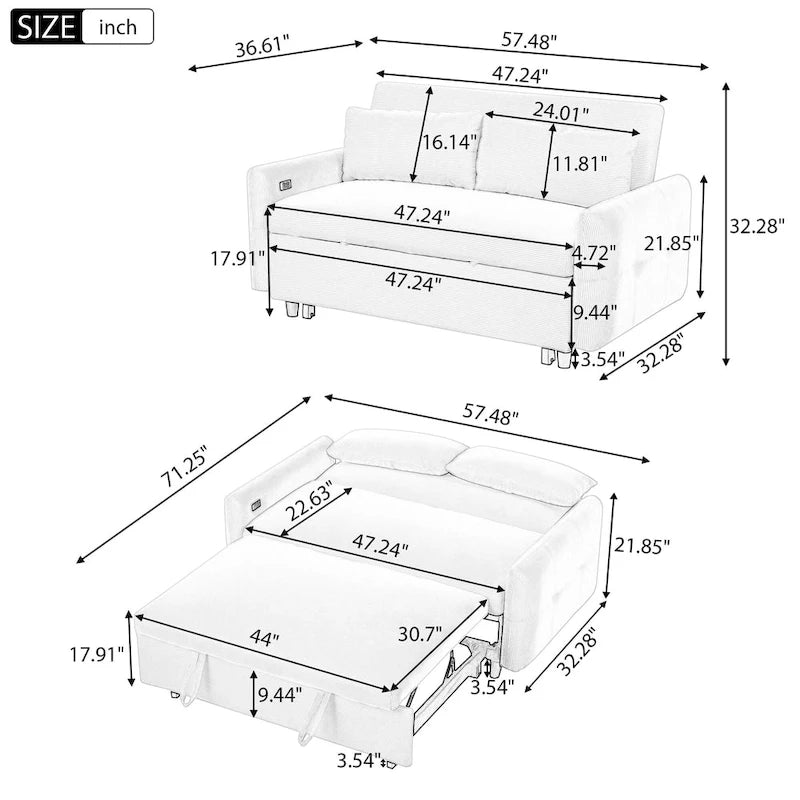 Canapé-lit convertible 2 places Roomfitters avec coussins décoratifs et ports USB, canapé-lit moderne, beige