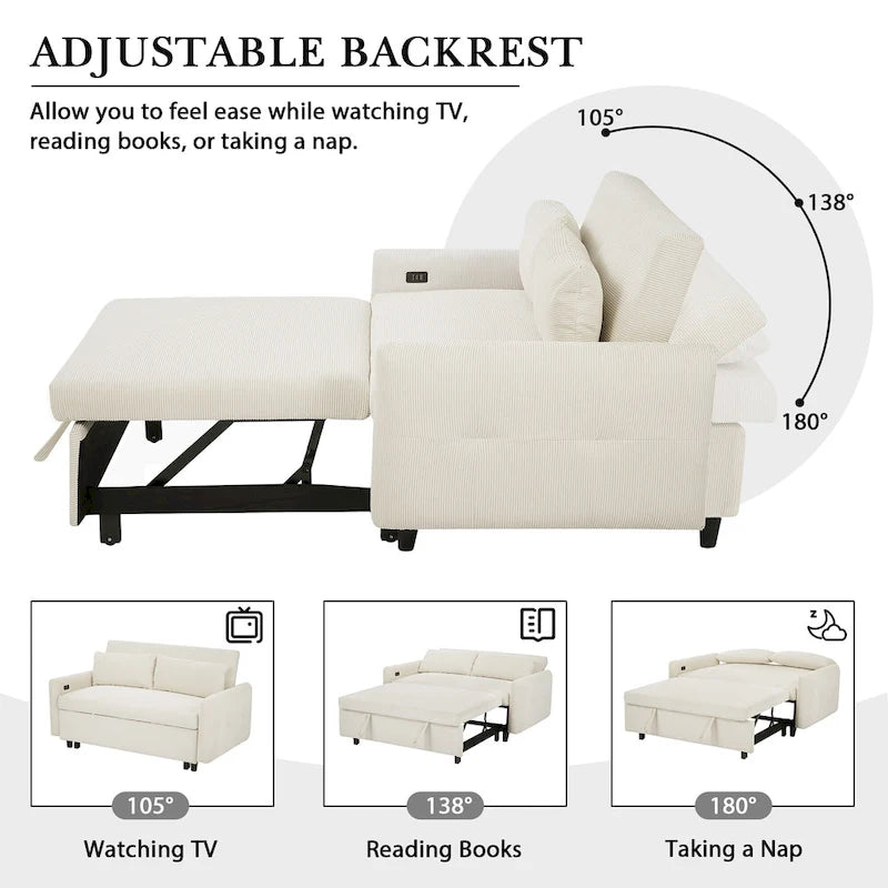 Canapé-lit convertible 2 places Roomfitters avec coussins décoratifs et ports USB, canapé-lit moderne, beige