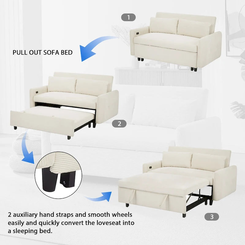 Canapé-lit convertible 2 places Roomfitters avec coussins décoratifs et ports USB, canapé-lit moderne, beige