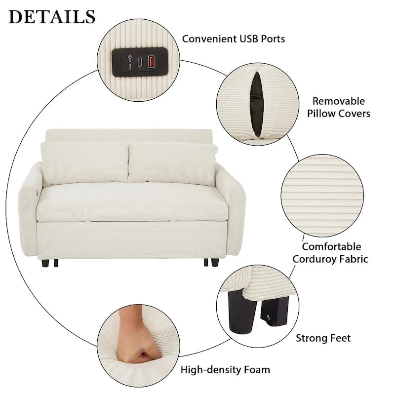Canapé-lit convertible 2 places Roomfitters avec coussins décoratifs et ports USB, canapé-lit moderne, beige