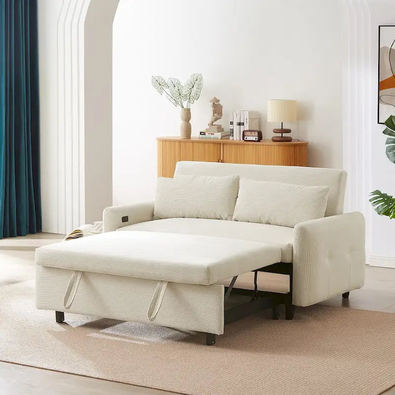 Canapé-lit convertible 2 places Roomfitters avec coussins décoratifs et ports USB, canapé-lit moderne, beige