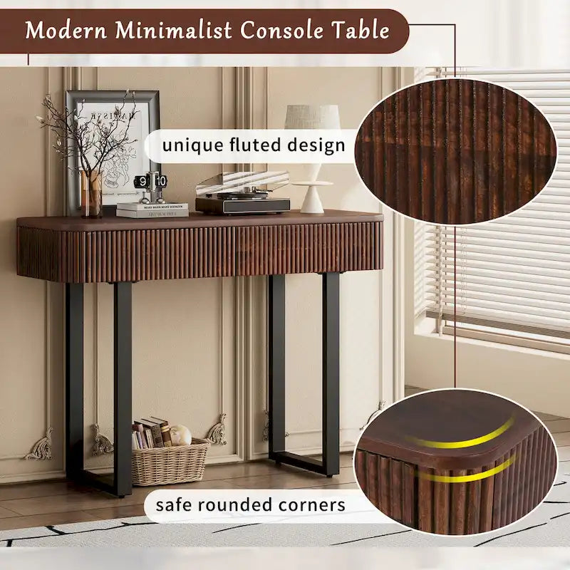 Table d'entrée en bois massif avec design cannelé, miel et noir