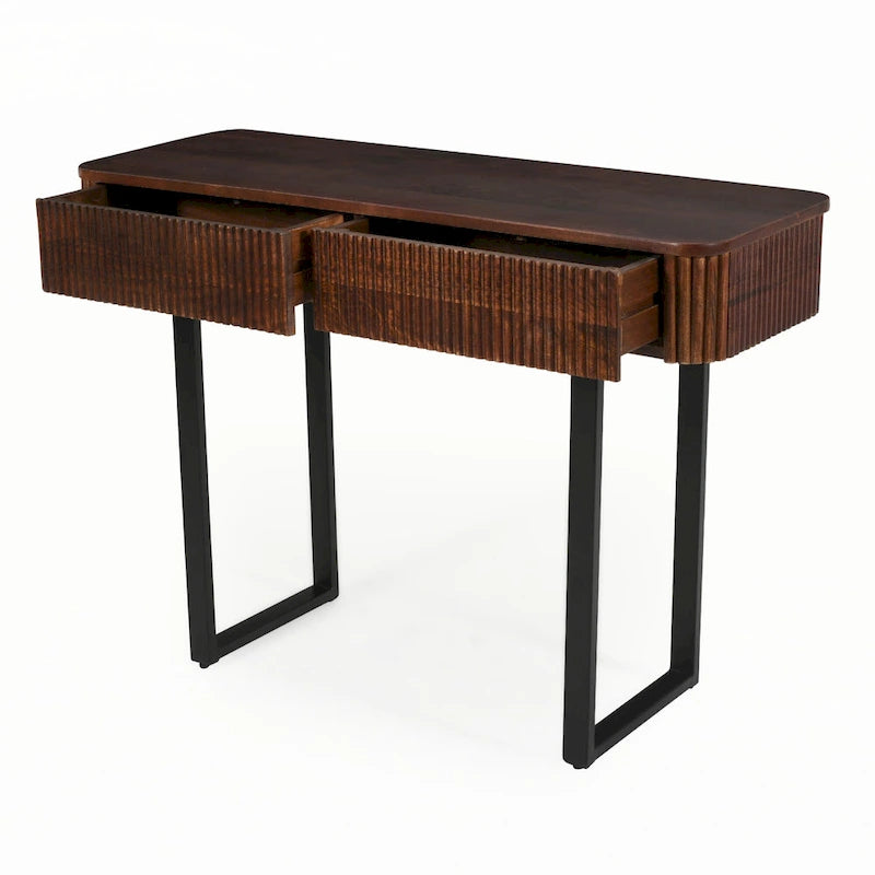 Table d'entrée en bois massif avec design cannelé, miel et noir