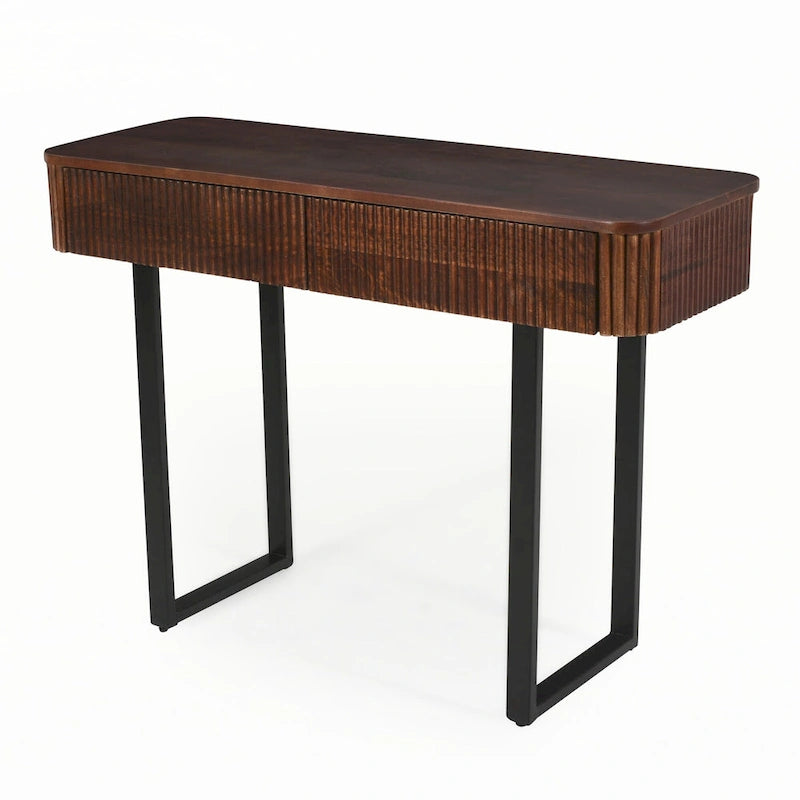 Table d'entrée en bois massif avec design cannelé, miel et noir