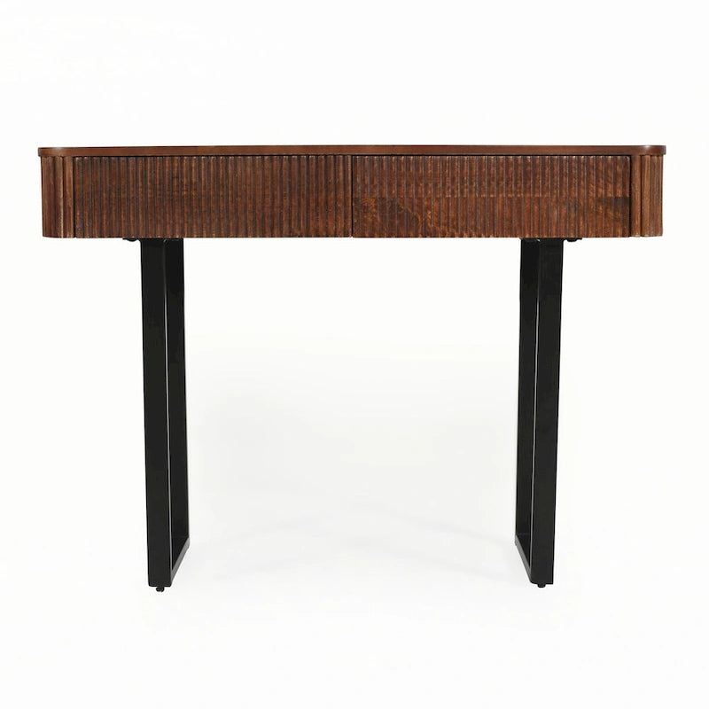Table d'entrée en bois massif avec design cannelé, miel et noir